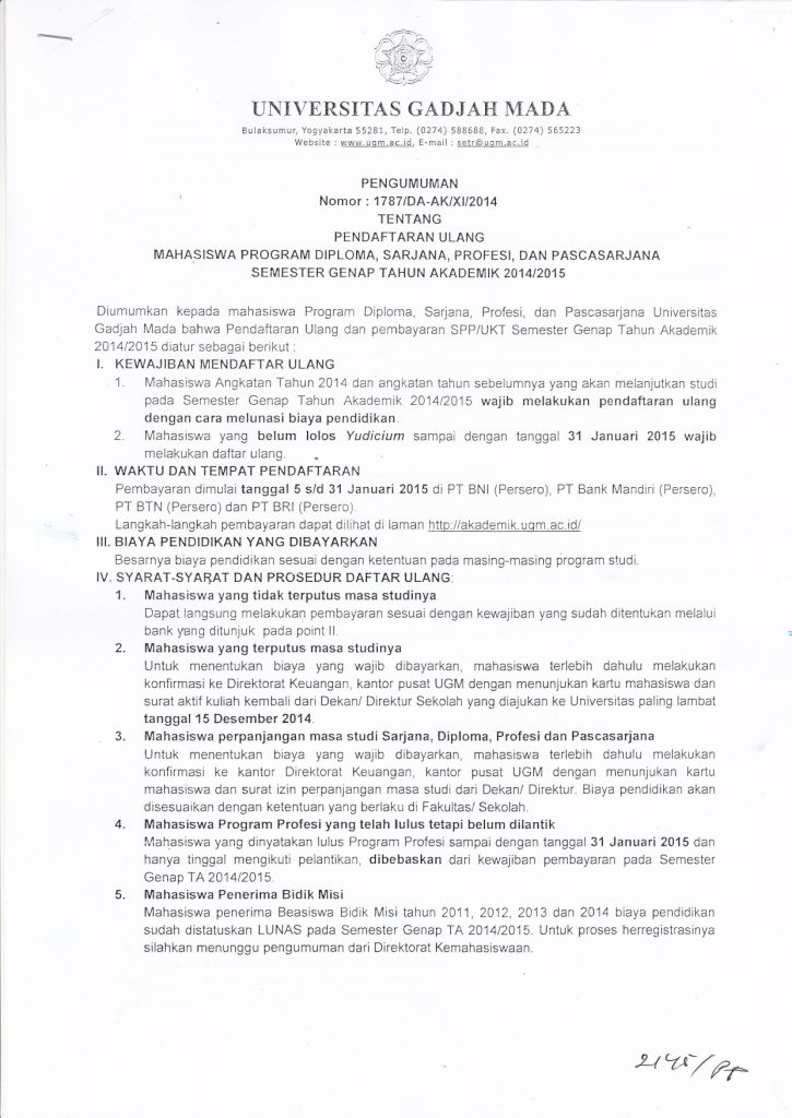 Pengumuman Pendaftaran Ulang Mahasiswa Semester Genap 2014 2015